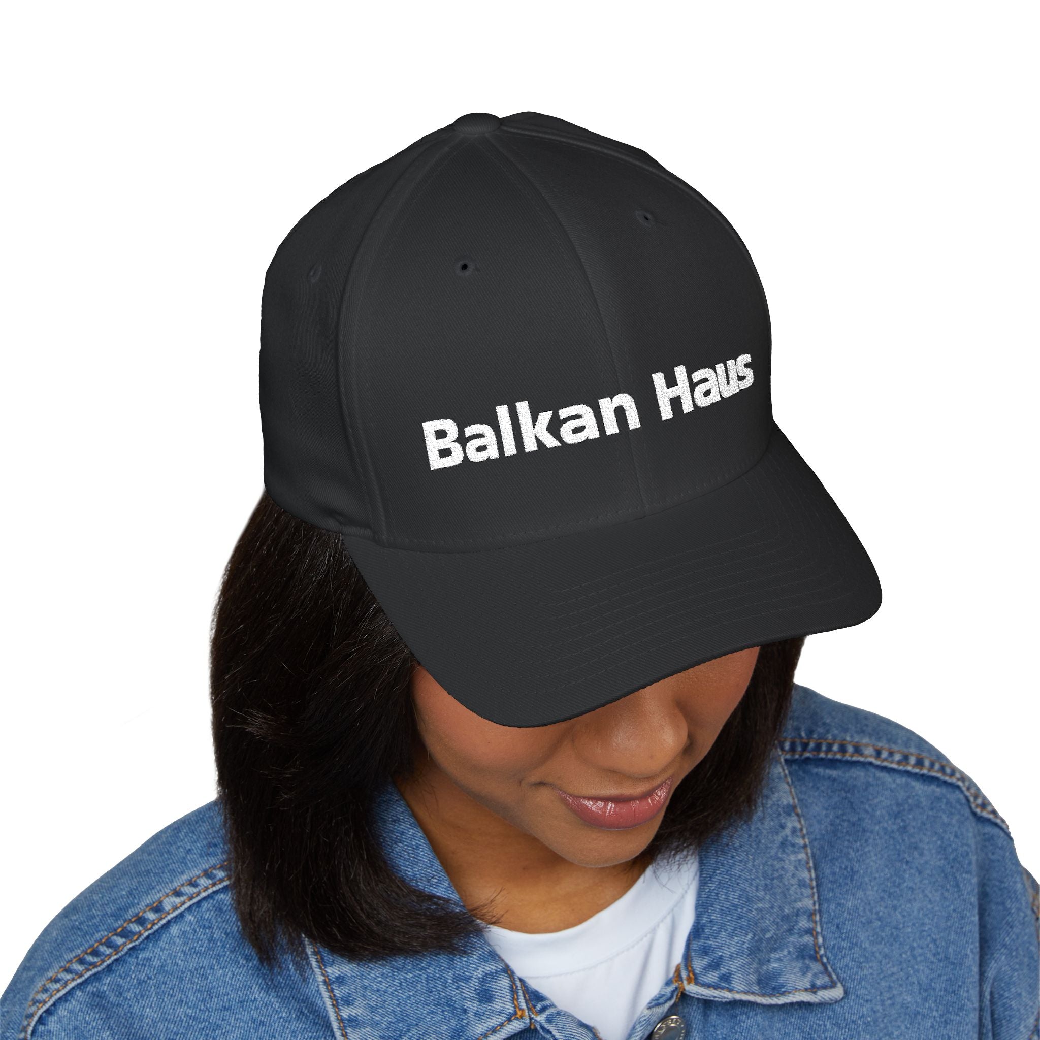 Balkan Haus Embroidered Cap — Minimal White Structured Hat