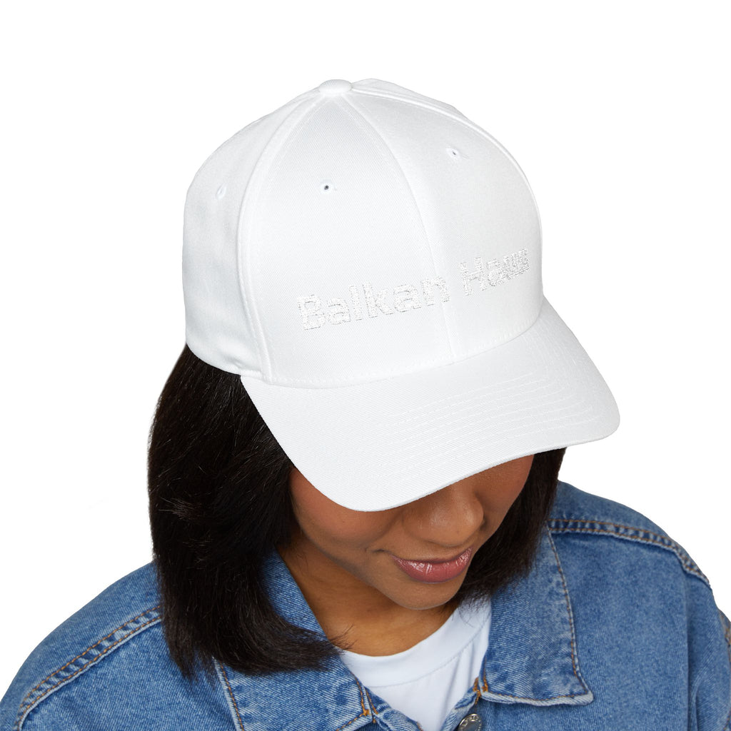 Balkan Haus Embroidered Cap — Minimal White Structured Hat