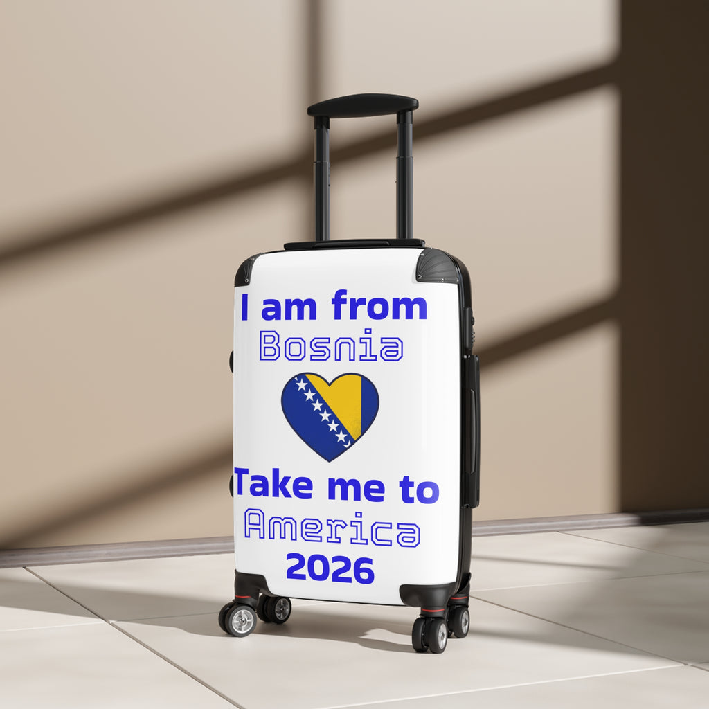 Suitcase — “I am from Bosnia, takes me to America” Travel Carry-On