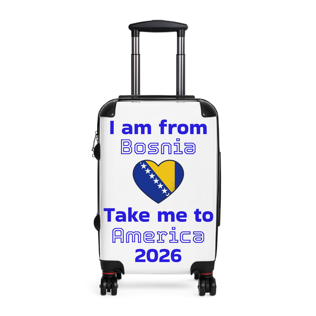 Suitcase — “I am from Bosnia, takes me to America” Travel Carry-On