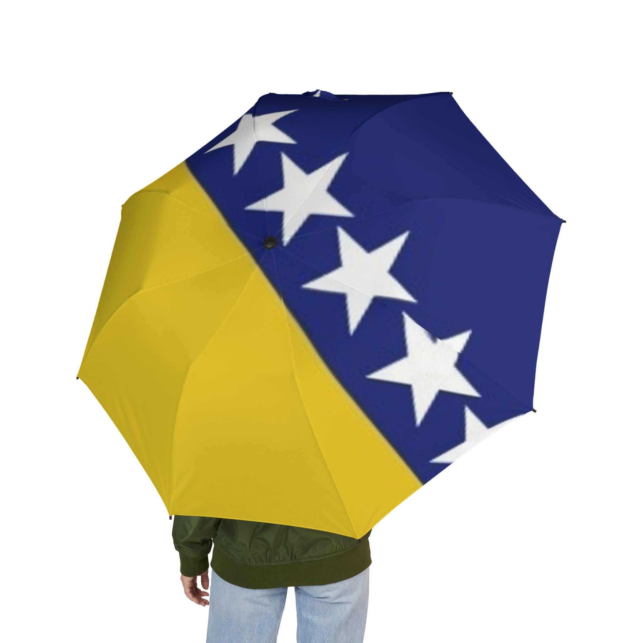 Bosnia Flag Foldable Umbrella — Semi‑Automatic Travel Umbrella with Stars & Yellow‑Blue Design