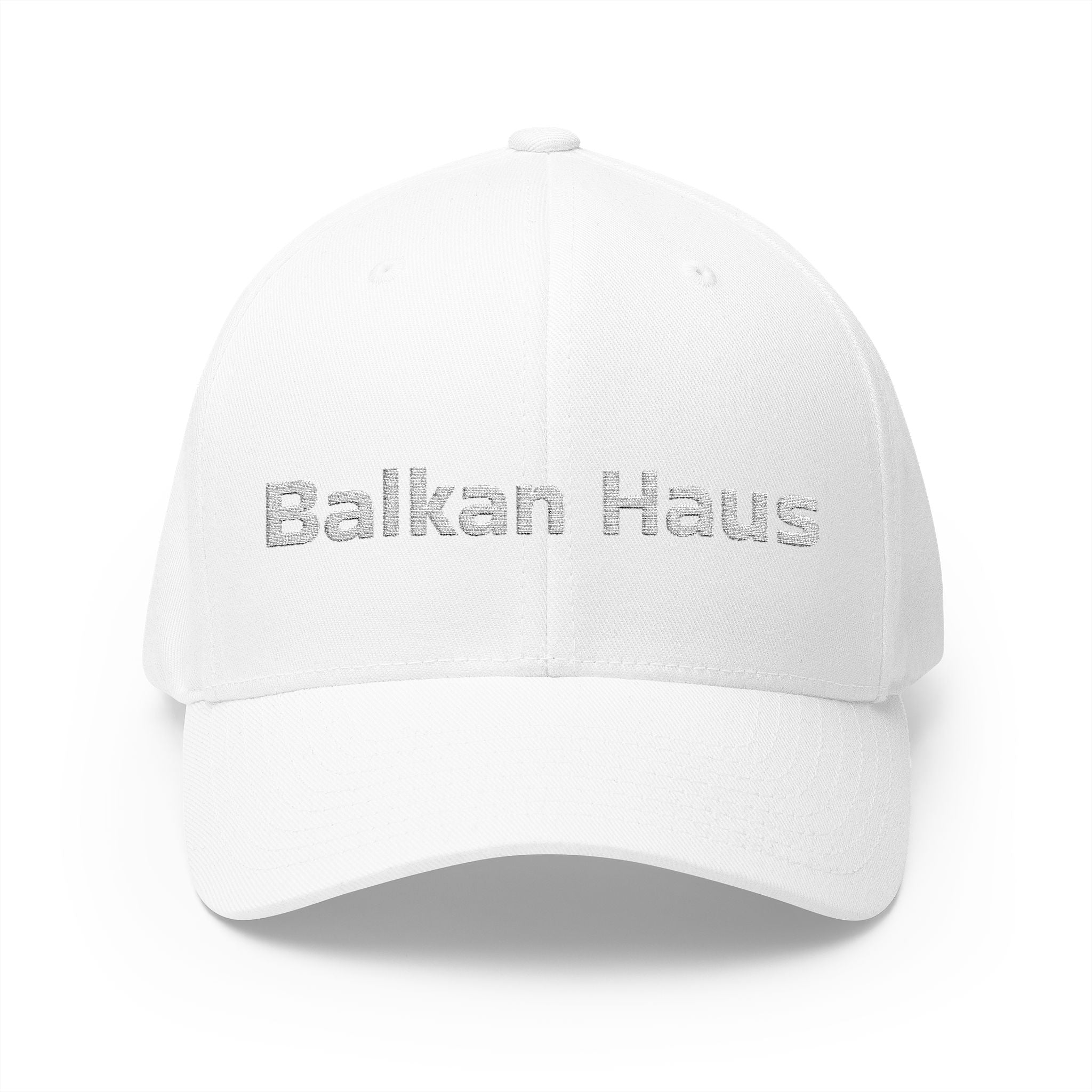 Balkan Haus Embroidered Cap — Minimal White Structured Hat