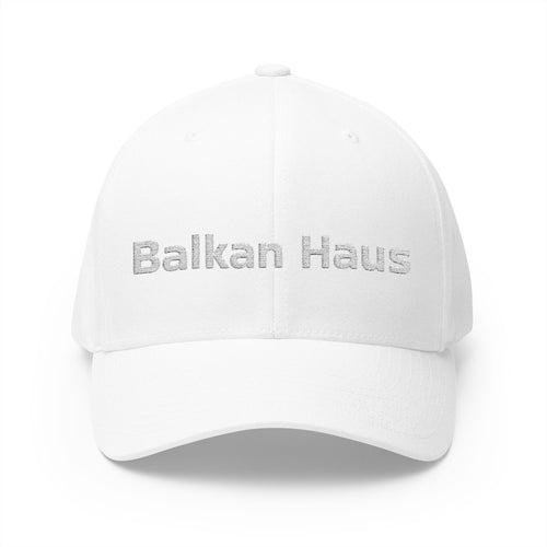 Balkan Haus Embroidered Cap — Minimal White Structured Hat