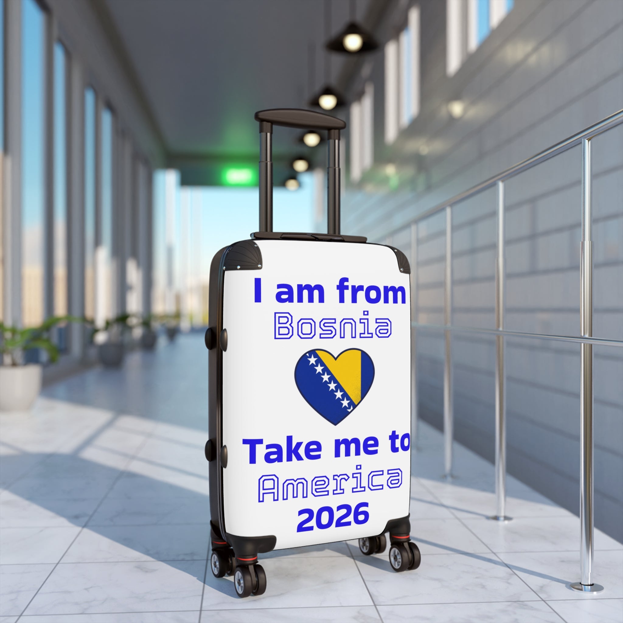 Suitcase — “I am from Bosnia, takes me to America” Travel Carry-On